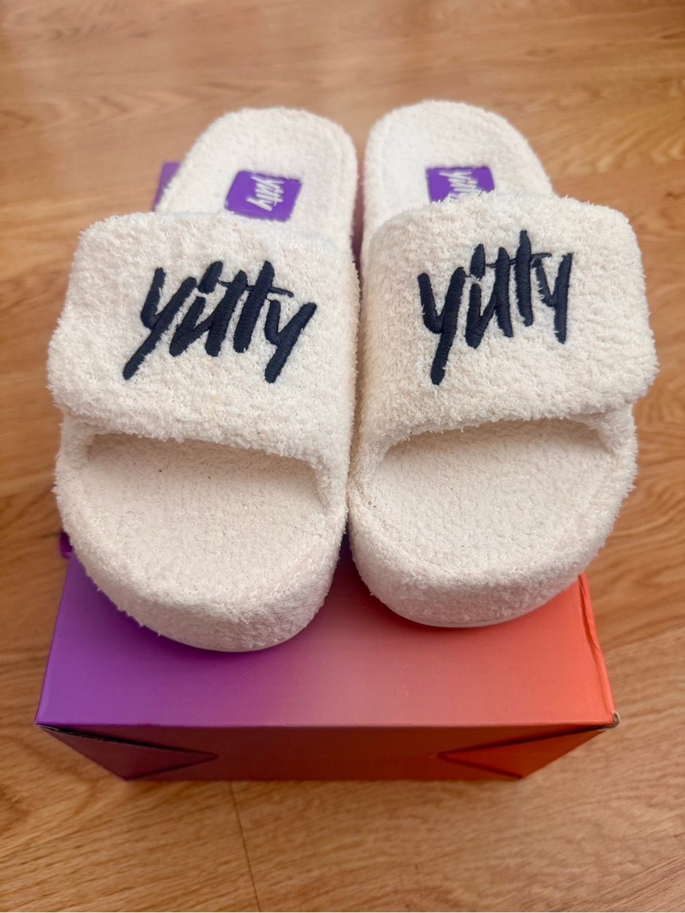 Yitty Pet Me Velcro Fuzzy Platform Slides in Cream (On Me Ivories)